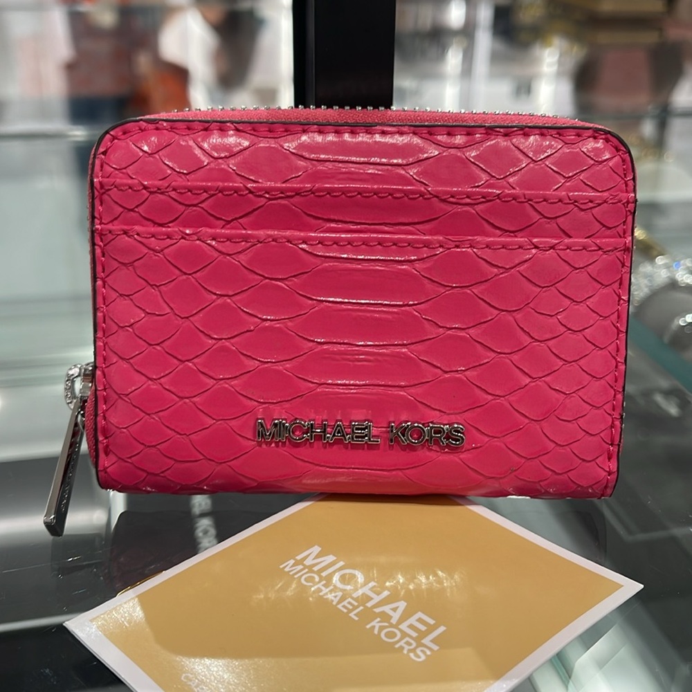 Michael Kors Women Medium Zip Around Card Case Coin Pouch Wallet Electric Pink